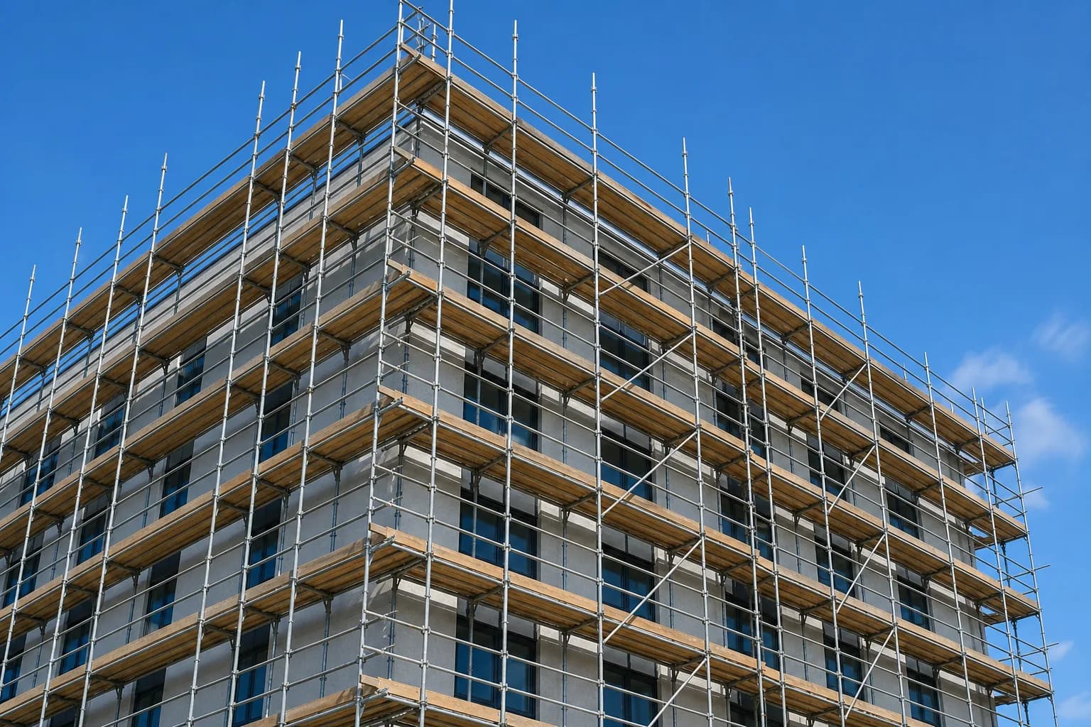 Scaffolding erected around a modern multi-storey building against a blue sky